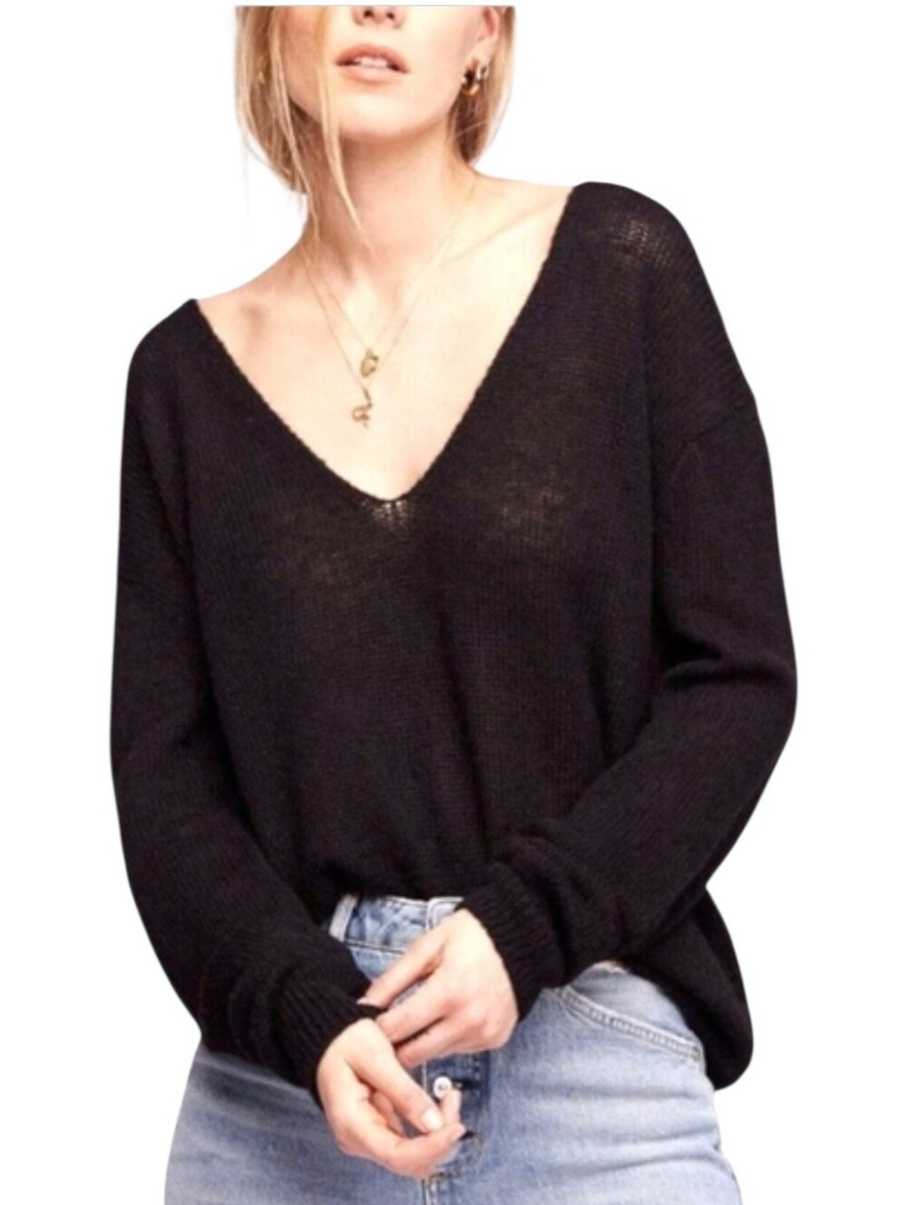 Free People Alpaca Wool Blend Gossamer V Neck Black Fuzzy Knit Oversized Sweater